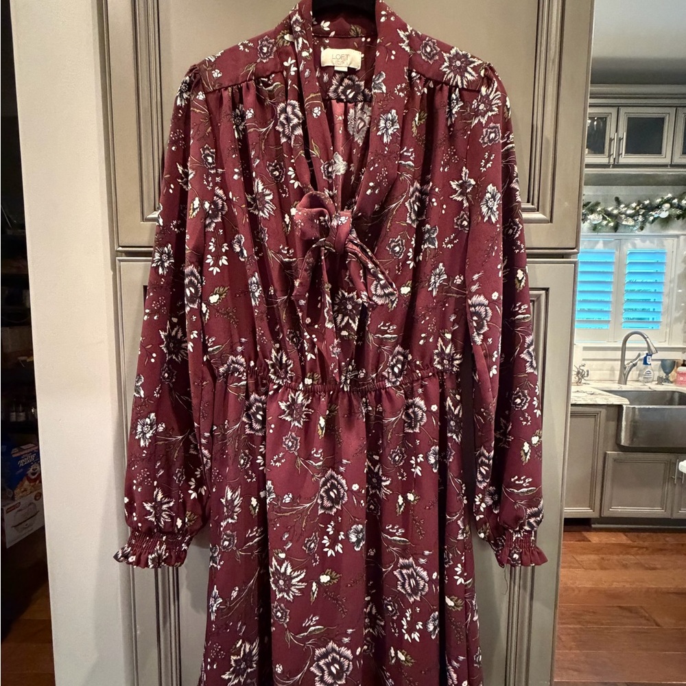 LOFT Burgundy Floral Long Sleeve Dress